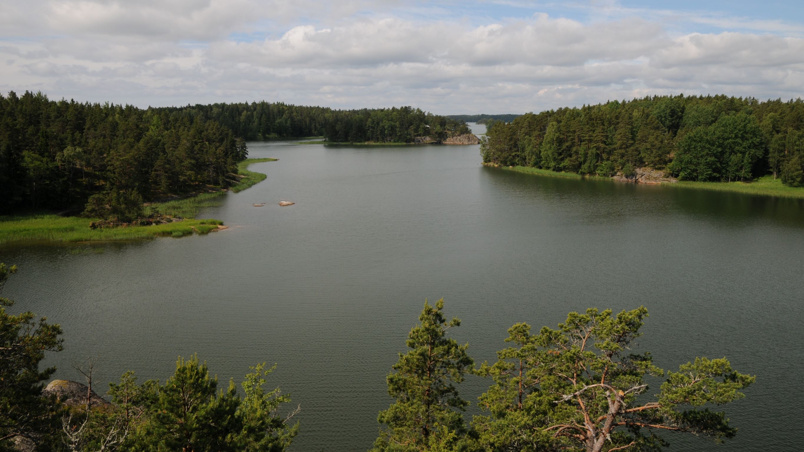 Korkealta otettu kuva, jossa näkyy puiden latvojen yli merta ja saaria.