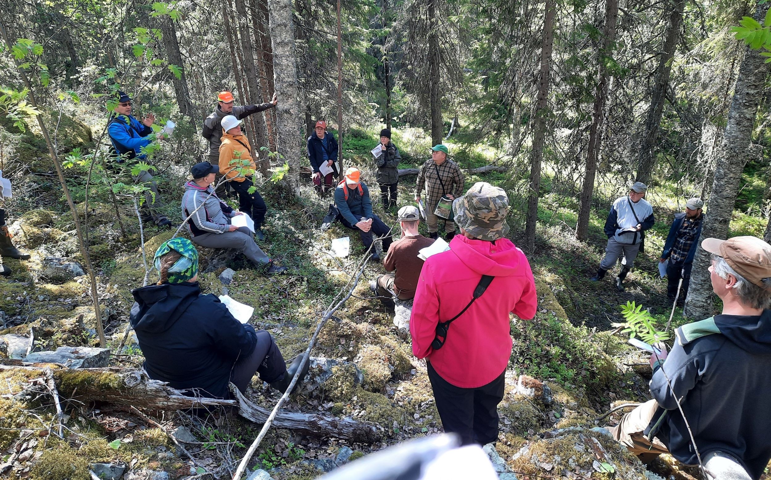 Ihmisiä keskustelemassa seisten ja istuen jyrkässä metsäisessä ja kivikkoisessa kalliorinteessä.