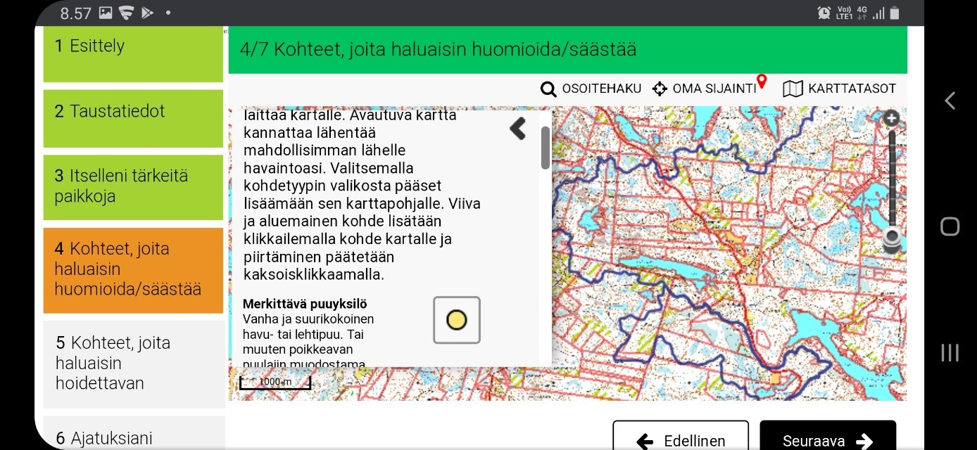 Kuvassa näkyy karttasovelluksen valikko vasemmalla ja keskellä kuvaa on kartta, johon on mahdollista merkitä esim. merkittävän puuyksilön paikka.